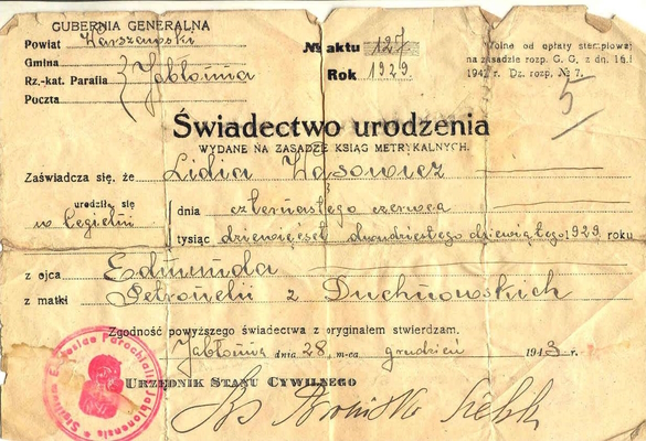 Свидетельство о рождении Польша